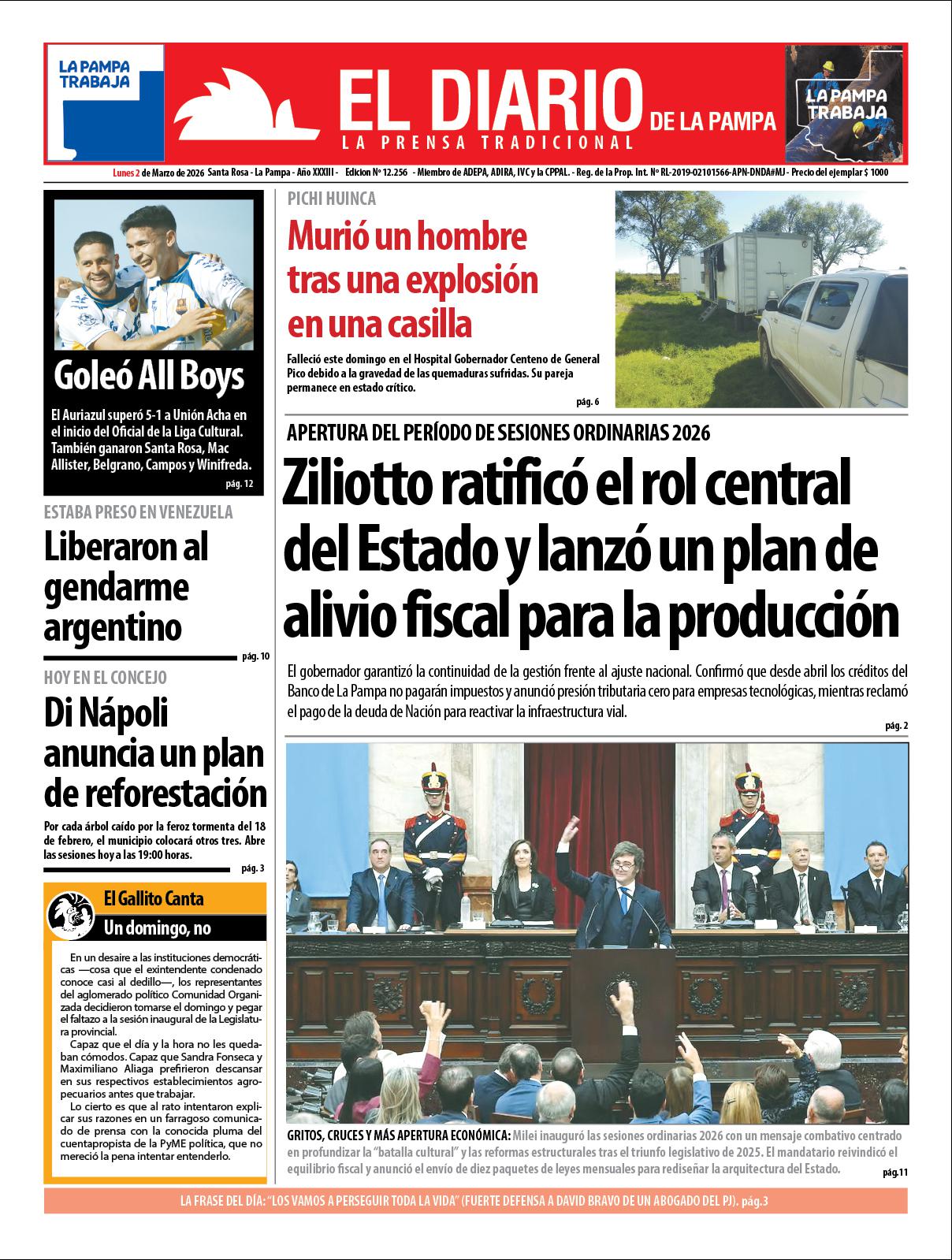 Tapa de El Diario en papel  lunes 02 de marzo de 2026